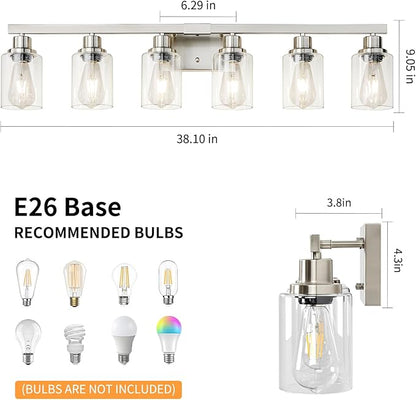 Bathroom Vanity Light, 6-Light Nickel Modern Matte Wall Sconce Lighting with Clear Glass Shade, Wall Lights,Bath Vintage Wall Mounted Lamps for Mirror Bedroom Living Room