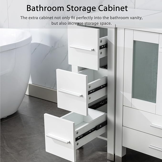 LUCKWIND 36" Bathroom Vanity with Sink Combo, 24-inch Main Cabinet with 12.6-inch Side Cabinet, Painted Storage Cabinet with 5 Drawers, Including Black Line Rectangle Sink Without Mirror, White