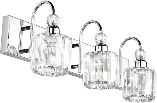 Ralbay Modern LED Crystal Bathroom Vanity Lights 3-Lights Stainless Steel Crystal Vanity Lights Over Mirror Modern Crystal Bathroom Vanity Lighting Fixtures