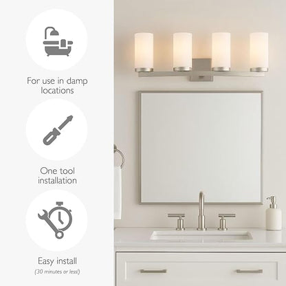Design House Desta Vanity Light, 4-Light, Curved Bar Design, Frosted Glass Glow, Dimmable, Up/Down Mountable, E26 Socket, Satin Nickel, 30.0 in L x 6.6 in W x 9.5 in H, 589168-SN