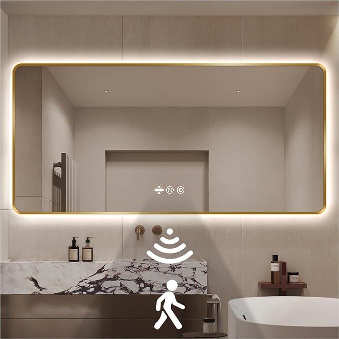 72" x 36" Gold LED Bathroom Mirror with Lights - Motion Sensor | Smart Backlit Mirror, Anti Fog, Stepless Dimmable & 3-Color, Wall Mounted Lighted Bathroom Vanity Mirror, UL-Listed, CRI≥93