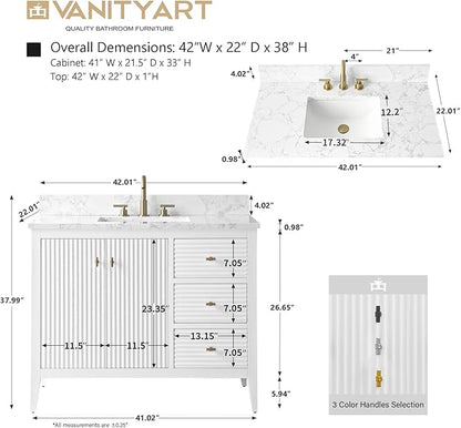 Vanity Art 42 inch Bathroom Vanity with Single Sink & Ceramic Top, Vanity Cabinet with Soft-Closing Door, Solid Wood Frame, Linear Pattern, White, VA9142-W-MB,Matte Black Handles