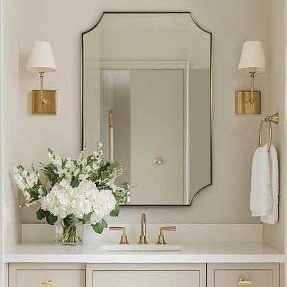 22x30 Inch Brushed Gold Scalloped Rectangle Mirror for Bathroom | Anti-Rust Stainless Steel Frame, Brushed Brass Finish, Unique Scalloped Edge Design, Ideal for Bathroom, Powder Room, Enryway
