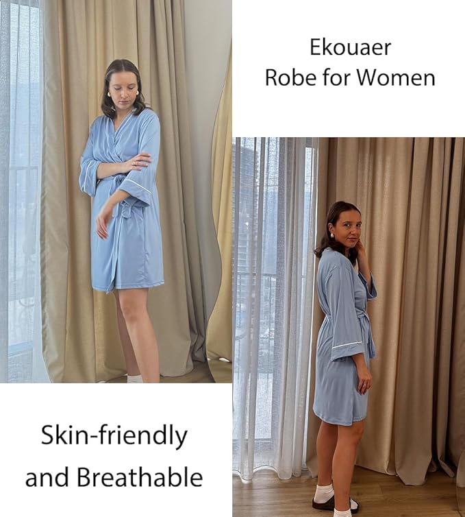 Ekouaer Women Kimono Robes Knee Length Knit Bathrobe Lightweight Soft Sleepwear V-neck Casual Ladies Loungewear