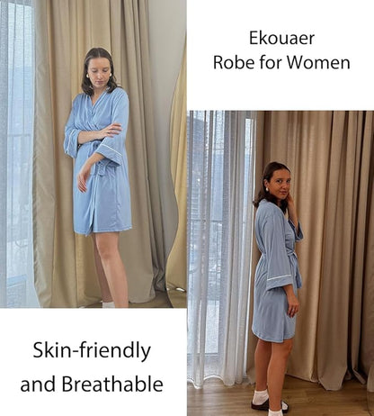 Ekouaer Women Kimono Robes Knee Length Knit Bathrobe Lightweight Soft Sleepwear V-neck Casual Ladies Loungewear