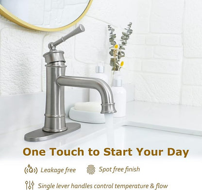 Brushed Nickel Bathroom Faucet Antique, Single Handle Bathroom Faucet | 1 or 3 Hole Sink Mount, Pop Up Drain & Supply Lines Included, Ideal for Vanity, Lavatory, RV, Farmhouse(L2301-BN)