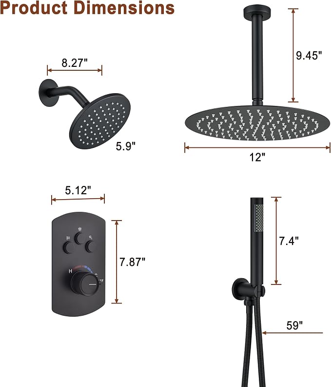 MONDAWE 12 Inch Ceiling Mounted Black Shower System, Dual Rainfall Shower Head & High Pressure Handheld Spray Combo, 3-Function Luxury Shower Faucet Set for Bathroom, All Functions Work Simultaneously