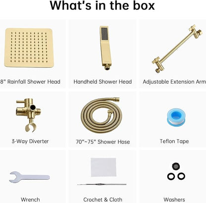 G-Promise All Metal 8-Inch Dual Square Shower Head Combo, Rain Shower Head, Handheld Shower Wand with 71-Inch Extra Long Hose, 3-Way Diverter, Adjustable Extension Arm, Brushed Gold | Built to Last, Easy Install, Adjustable Height & Angle for All Heigh...