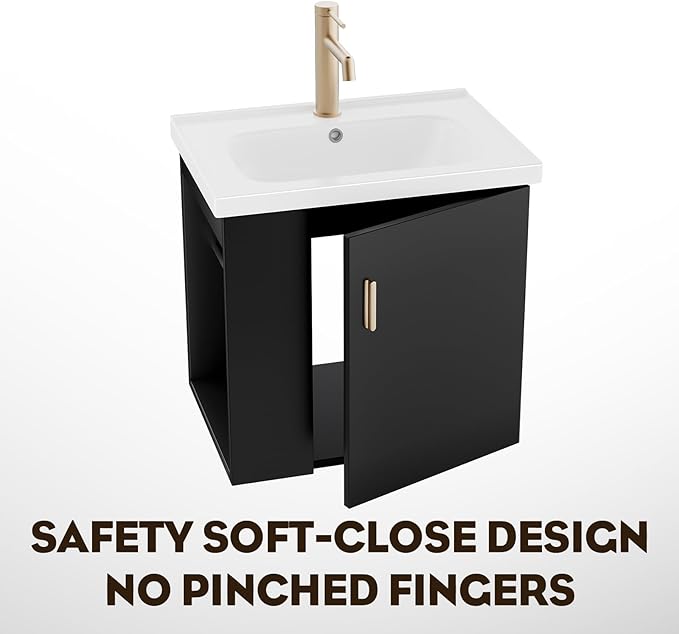 phiestina Pre-Assembled 20 Inch Floating Bathroom Vanity for Small Space, Wall-Mounted Black Cabinet with Ceramic Sink, Soft-Close Door, Left Side Storage, No Faucet,BV04-20-PUREBLACK-PLUS