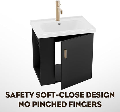 phiestina Pre-Assembled 20 Inch Floating Bathroom Vanity for Small Space, Wall-Mounted Black Cabinet with Ceramic Sink, Soft-Close Door, Left Side Storage, No Faucet,BV04-20-PUREBLACK-PLUS