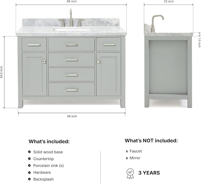 Alenza 48-Inch Grey Bathroom Vanity, 1.5-Inch Edge Italian Carrara Marble Countertop & Backsplash, Rectangular Sink, 2 Soft Closing Doors, 5 Dovetail Drawers, Polished Chrome Hardware