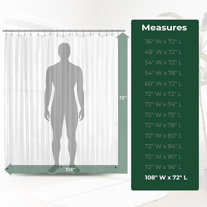 Clear Shower Curtain Liner with Side Suction Cups, Exrta Wide Premium PEVA Plastic Shower Liner with 3 Magnets, Waterproof Bathroom Curtain, 108 x 72, Clear