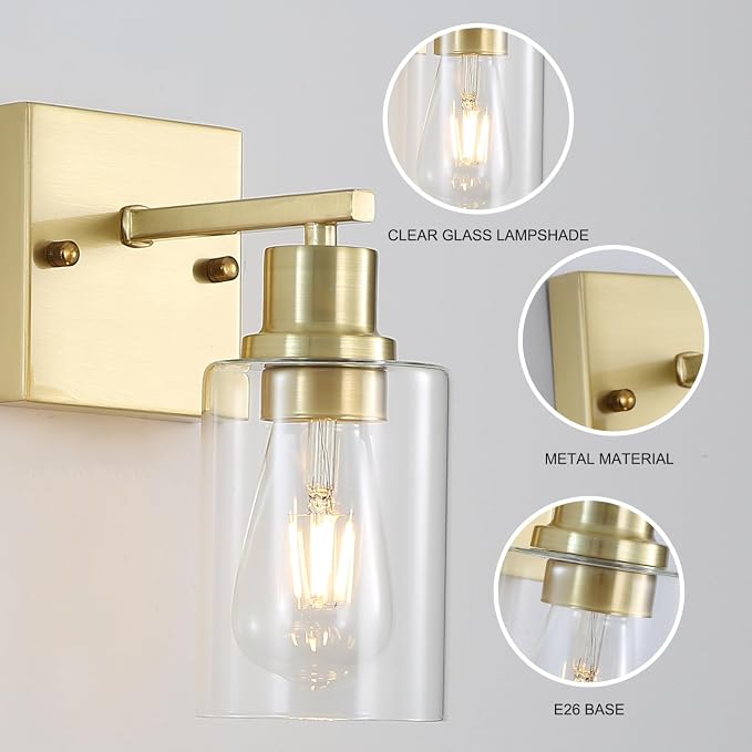 Living Room Wall Light fixtures 2 Pack, Brushed Gold Vanity Lights with Glass Shade, Farmhouse Modern Wall sconces for Gallery ，Mirror,Bedroom,Bathroom
