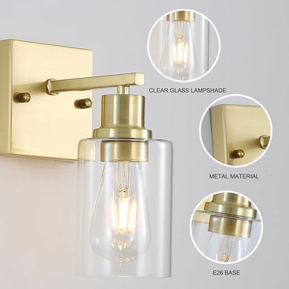 Living Room Wall Light fixtures 2 Pack, Brushed Gold Vanity Lights with Glass Shade, Farmhouse Modern Wall sconces for Gallery ，Mirror,Bedroom,Bathroom