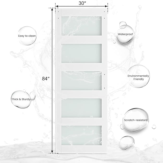 SMARTSTANDARD 30 x 84 in Glass Barn Door with 5FT Sliding Hardware Kit | Pre-Drilled Ready to Assemble, Waterproof PVC Coating, White, 5-Panel Glass