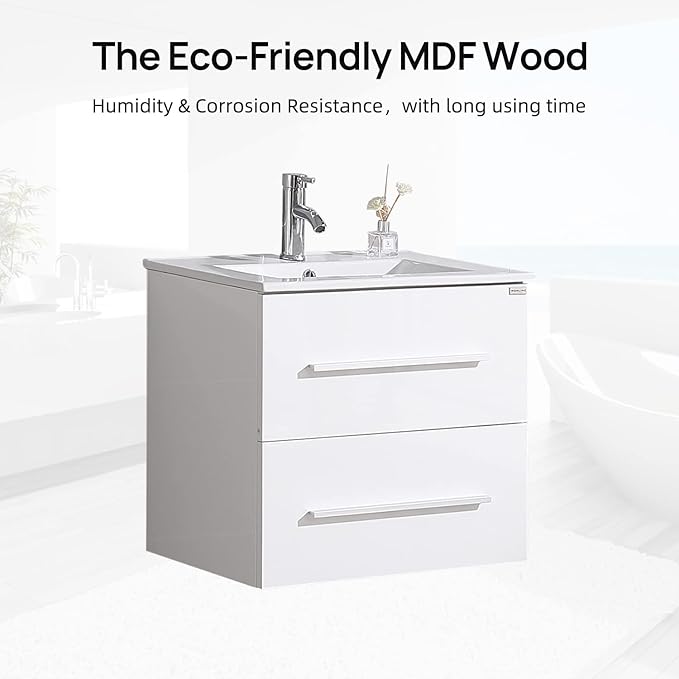 wonline 24" White Wall Mounted Bathroom Vanity Set Two Drawers Storage Cabinet with Ceramic Vessel Sink and Mirror Combo Chrome Faucet