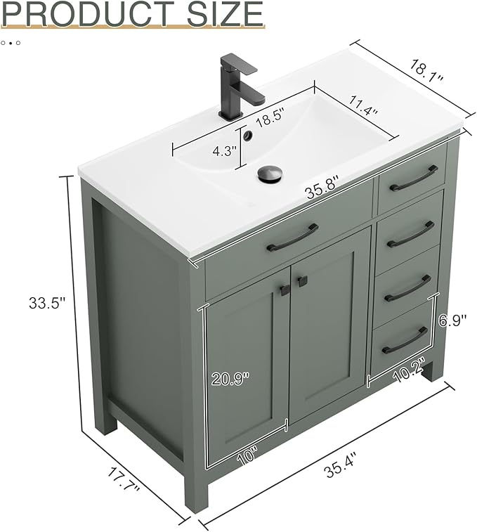 LUCKWIND 36" Bathroom Vanity with Sink Combo, Painted Modern Bathroom Storage Cabinet with Ceramic Sink, Two Doors and Three Drawers, Include Faucet, Without Mirror, Green
