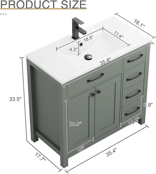 LUCKWIND 36" Bathroom Vanity with Sink Combo, Painted Modern Bathroom Storage Cabinet with Ceramic Sink, Two Doors and Three Drawers, Include Faucet, Without Mirror, Green