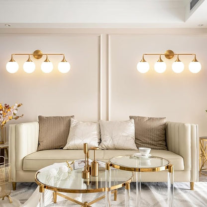 Brushed Gold Bathroom Light Fixtures Over Mirror Vanity 4-Light | Mid Century Modern Brushed Gold Wall Sconce with Milky White Glass Ball Shades for for Bathroom Dressing Table Bedroom