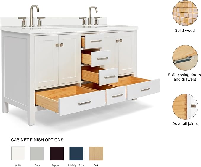 ARIEL Cambridge 60-inch Bathroom Vanity with Sink,Solid Wood, 1.5-inch Pure White Quartz Countertop & Backsplash, Double Rectangular Porcelain Sink, 4 Soft Closing Doors, 6 Dovetail Drawers, White