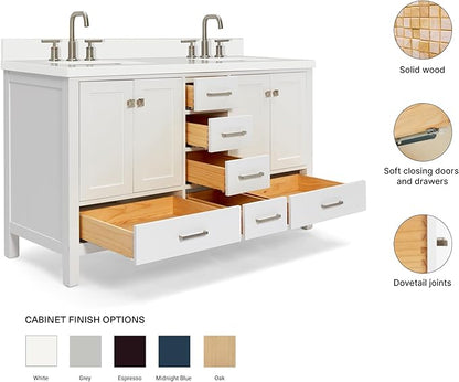 ARIEL Cambridge 60-inch Bathroom Vanity with Sink,Solid Wood, 1.5-inch Pure White Quartz Countertop & Backsplash, Double Rectangular Porcelain Sink, 4 Soft Closing Doors, 6 Dovetail Drawers, White