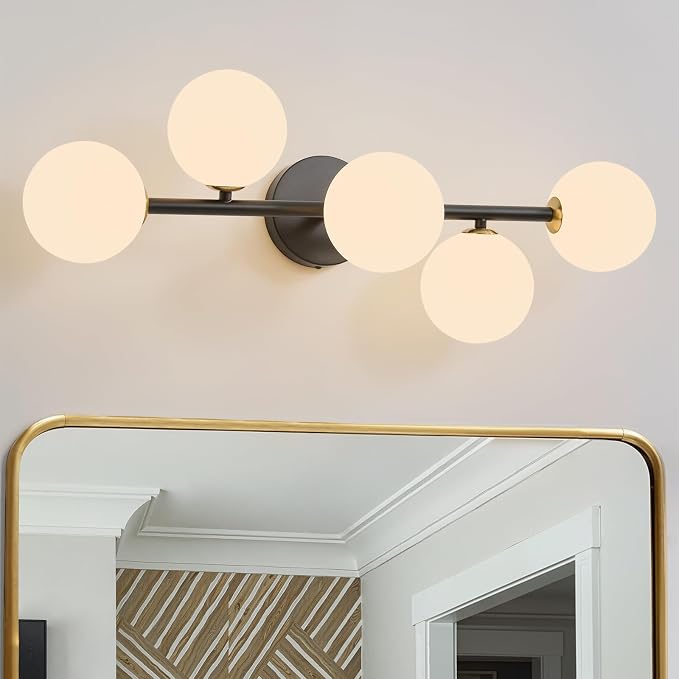 Black Bathroom Vanity Light Fixture,5 Lights Mid Century Modern Wall Sconce | Modern Milk White Glass Globe Makeup Wall Sconce Lighting,Matte Black Minimalist Bathroom Vanity Light over Mirror,G9 Base