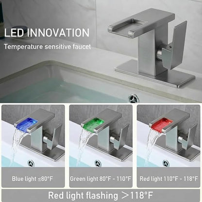 LED Bathroom Sink Faucet, Brushed Nickel Waterfall Single Hole Handle Vanity Faucets for Sinks 1 Hole with Metal Pop Up Drain and 2 Water Supply Lines, Side Handle