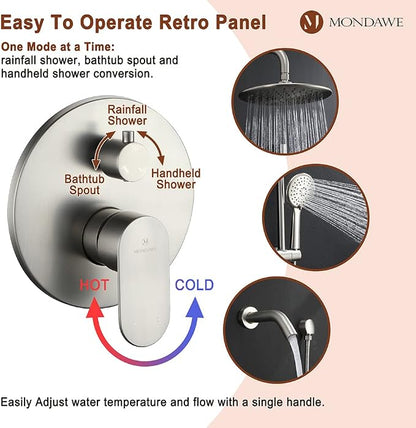 MONDAWE 9 Inch Wall Mounted Shower Faucet Set with Tub Spout in Brushed Nickel, Rainfall Shower Head with 3-Setting Handheld Spray Shower Combo, High Pressure Shower System with Solid Brass Valve