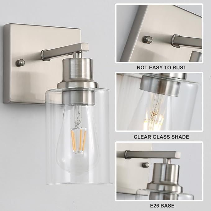 Modern Wall sconces Set of 2，Bathroom Vanity Light fixtures, Brushed Nickel Wall Light with Glass Shade, Farmhouse Wall sconces for Mirror,Bedroom,Living Room，1-Lights