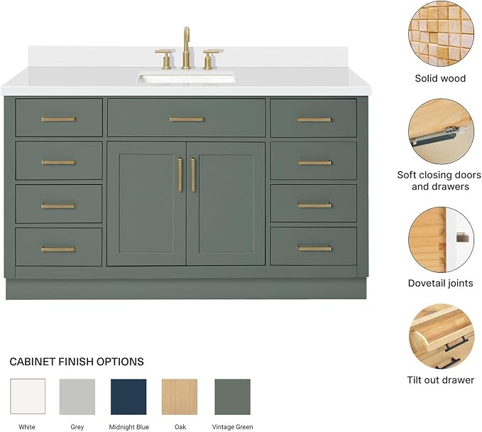 ARIEL Hepburn 60-inch Bathroom Vanity with Sink,Solid Wood, 1.5-inch Pure White Quartz Countertop, Single Rectangular Porcelain Sink, 2 Soft Closing Doors, 9 Dovetail Drawers, Vintage Green