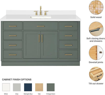 ARIEL Hepburn 60-inch Bathroom Vanity with Sink,Solid Wood, 1.5-inch Pure White Quartz Countertop, Single Rectangular Porcelain Sink, 2 Soft Closing Doors, 9 Dovetail Drawers, Vintage Green