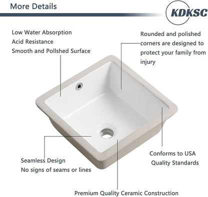 14 Inch Small Undermount Bathroom Sink White Square,Overflow Type | Ceramic Under Counter Bathroom Sink for Cabinet Porcelain Vanity Sinks(13.8"x13.8")