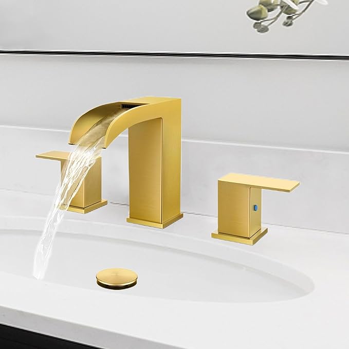 Waterfall Faucets for Sink 3 Hole - Gold Waterfall Bathroom Faucet 8 Inch Widespread Faucet Bathroom 2-Handles Modern Vanity Faucets with Overflow Pop Up Drain Supply Lines