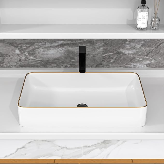 Vessel Sink Rectangular For Bathroom - Fulorni 24"x14" White Bathroom Vessel Sink with Gold Rim Above Counter Rectangle Vanity Lavatory Bath Sink Basin