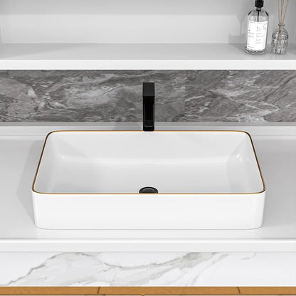 Vessel Sink Rectangular For Bathroom - Fulorni 24"x14" White Bathroom Vessel Sink with Gold Rim Above Counter Rectangle Vanity Lavatory Bath Sink Basin