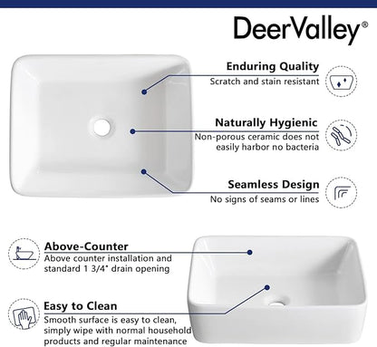 DeerValley Vessel Sink Rectangle 19"x15" Bathroom Sink, White Ceramic Rectangular Sink Above Counter Porcelain Art Basin,19 Inch Bathroom Sinks, DV-1V031