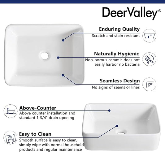 DeerValley Vessel Sink Rectangle 19"x15" Bathroom Sink, White Ceramic Rectangular Sink Above Counter Porcelain Art Basin,19 Inch Bathroom Sinks, DV-1V031