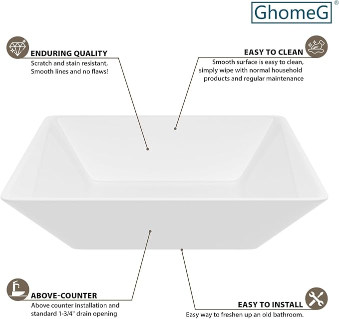 White Bathroom Vessel Sink Ceramic Vanity Art Basin Above Counter | 16''x16'' Small Square Bathroom Sink Porcelain Vessel Vanity Sink
