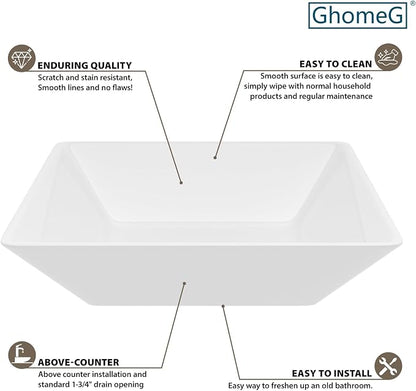 White Bathroom Vessel Sink Ceramic Vanity Art Basin Above Counter | 16''x16'' Small Square Bathroom Sink Porcelain Vessel Vanity Sink