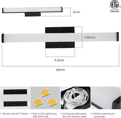 36in LED Bathroom Vanity Light(3000K/4000K/5000K, Brightness Dimmable), 15W Black Bathroom Light Fixtures Over Mirror, IP44 Modern Bath Vanity Light Bar 120V, ETL Listed