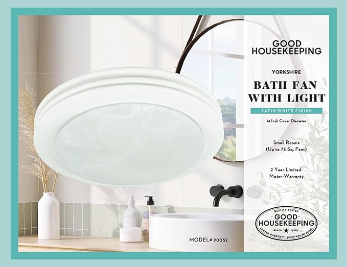 Good Housekeeping (90052 Yorkshire 80 CFM 2.5 Sones Decorative Bathroom Ventilation Exhaust Fan with Light in Satin White