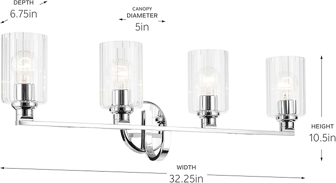 Kichler Gioe 32.25" 4-Light Vanity Light with Clear Fluted Glass in Chrome, Damp Rated, for Bathroom, Powder Room, Over a Mirror, (32.25" W x 10.5" H), 55227CHFLU