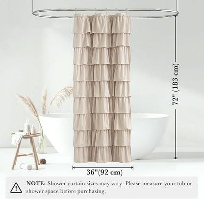 Seasonwood Small Beige Ruffle Shower Curtain Natura Farmhouse Vintage Handcrafted Rustic Decorative Fabric Shower Curtains for Bathroom, 36"x72"