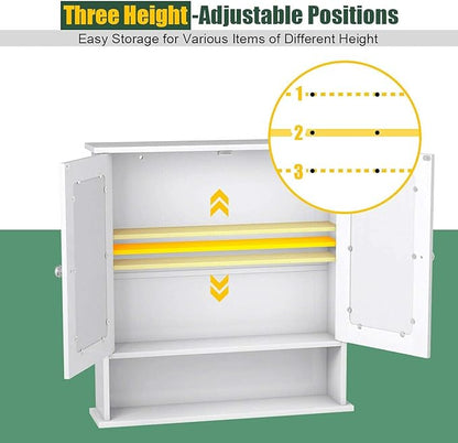 Salches Wall Mounted Bathroom Cabinet w/2 Mirrored Doors, Over-Toilet Hanging Cabinet w/Shelves, Wooden Medicine Storage Organizer for Living Room/Corridor/Cloakroom/Kitchen, 22” x 5” x 23” (White)