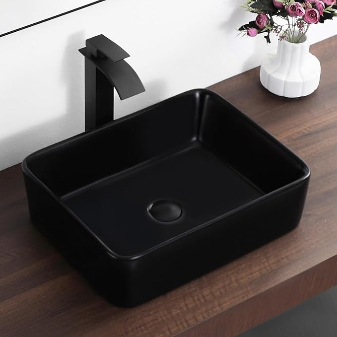 Black Vessel Sink,Rectangle 19"x15" Bathroom Sink Above Counter Porcelain Ceramic Small Sink Bowl Ceramic Vessel Sinks for Bathrooms