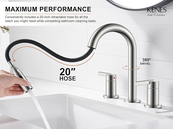 KENES Brushed Nickel Widespread Bathroom Faucet with Sprayer, 8 Inch 3 Hole Bathroom Sink Faucet with Pull Out Sprayer, Pull Down 2 Handle Vanity Faucet with Pop Up Drain & Supply Lines LJ-9068