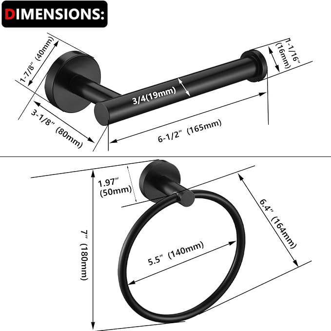 Matte Black Toilet Paper Holder and Hand Towel Ring Set 2 Pieces Bathroom Hardware Accessories Set SUS304 Stainless Steel Heavy Duty Wall Mounted Bathroom Holder…