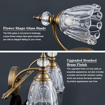 Brass Vanity Light, Vintage Brushed Gold Bathroom Light Fixtures, 2 Light Bathroom Vanity Lights, Flower Glass Shade Wall Sconce Lighting