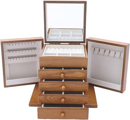 Extra Large Four-Leaf Carved 5 Layers Wooden Jewelry Box Jewelry Case Cabinet Armoire Ring Necklacel Gift Storage Box Organizer(5 Layers,Brown,Style 1)