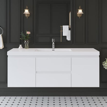 60 Inch Floating Bathroom Vanity with Sink, Large Storage Wall Mounted Floating Vanity with Soft Close Drawers, One-Piece Basin Bathroom Sink Cabinet (Glossy White, 60")